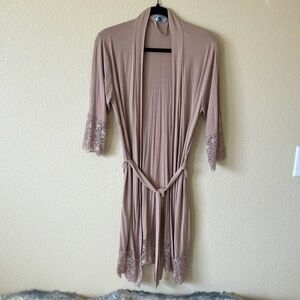 Turquaz Bamboo Lightweight Bathrobe L Beige Lace Trim Belted Minimalist Neutral